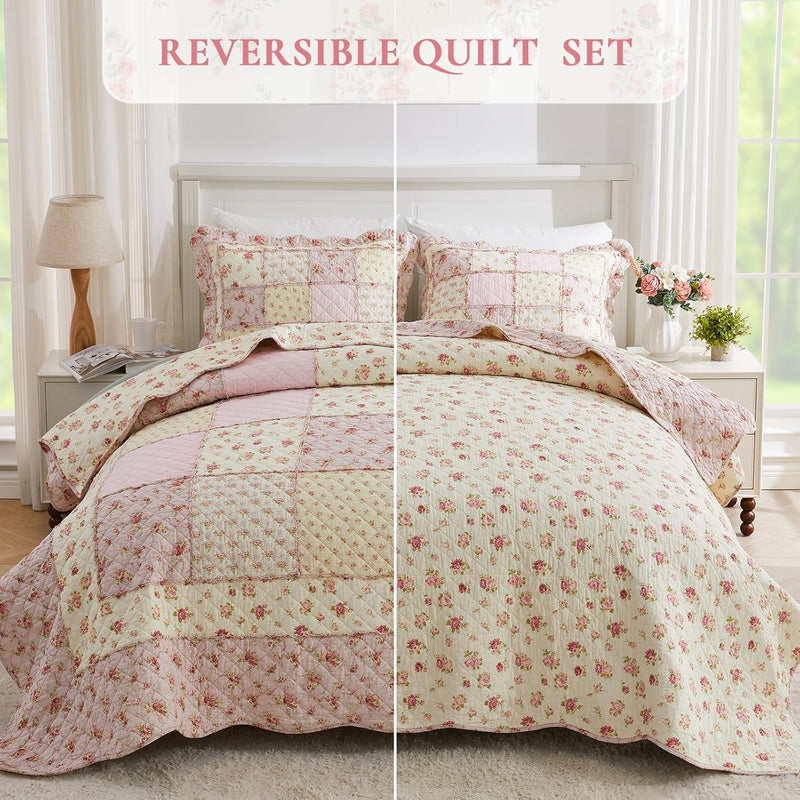 Cozyholy Queen Size Quilt Set 3-Piece, 100% Cotton Patchwork Quilt, Pink Floral Reversible Shabby Chic Bedding Bedspread for All Season, Soft Quilted Blanket with 2 Pillow Shams Machine Washable