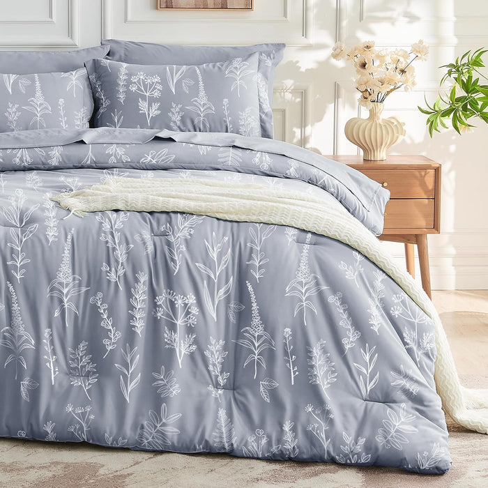 MUXHOMO Bed in a Bag Queen 7 Pieces, Sage Green Queen Comforter Set Reversible Botanical Flowers Design, Ultra Soft & Breathable Bedding Sets with Comforter, Sheets, Pillowcases & Shams