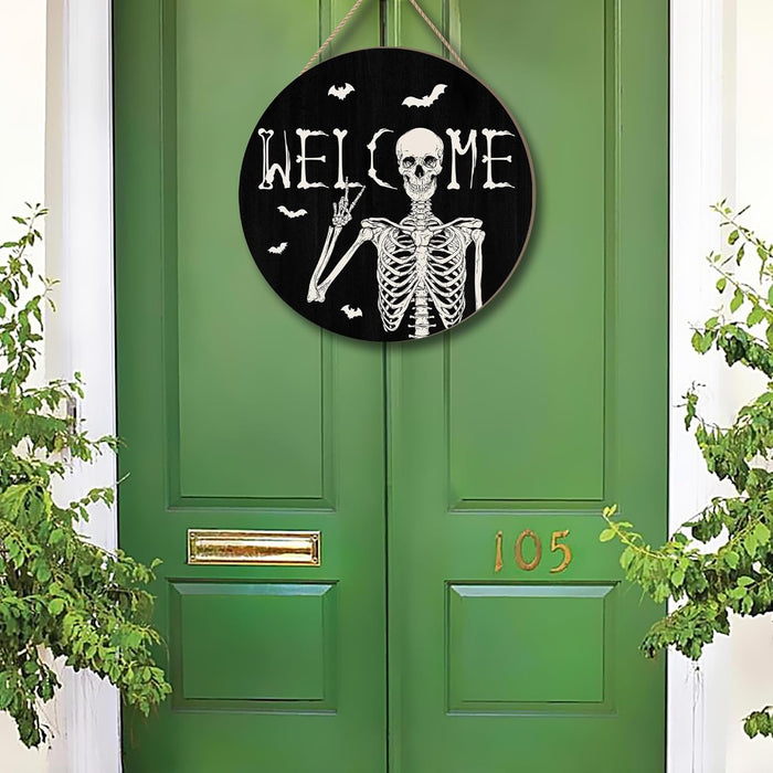 Halloween Skull Welcome Door Sign Halloween Front Door Hanger Decor Rustic Wood Hanging Door Wreath Wall Sign Home Party Outdoor Wall Decor