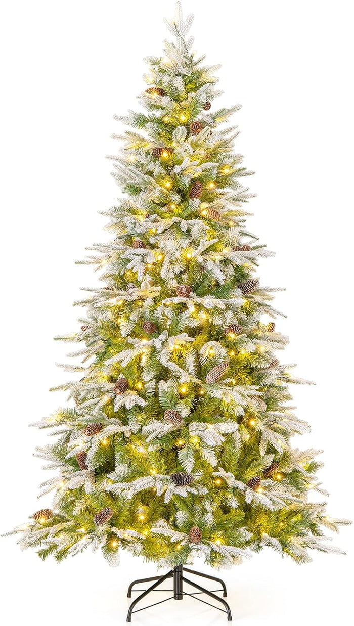 Goplus 7.5 FT Pre-Lit Artificial Christmas Tree, Snow Flocked Hinged Xmas Tree with 470 Warm-White LED Lights, 1135 Tips, 81 Pine Cones, Lighted Xmas Tree for Office Home Decoration
