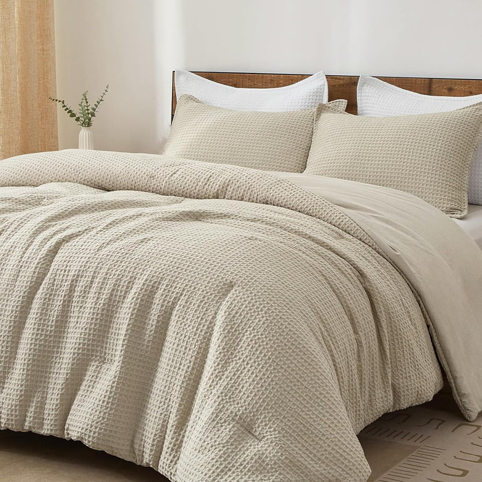 PHF Ultra Soft Waffle Weave Comforter Set Queen Size, 3 Pieces Lightweight Breathable Comfy Bedding Set, Comfy Textured 1 Comforter with 2 Pillow Shams, Black