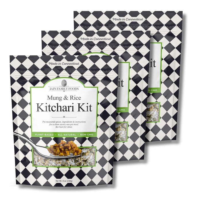 Jain Family Foods Mung Rice Khichdi Kitchari Kit | Authentic Indian Meal Kit with Spiced Yellow Lentils | Plant Based, Gluten-Free, High Fiber | Easy One Pot Dinner, Instant Pot Friendly | Serves 3