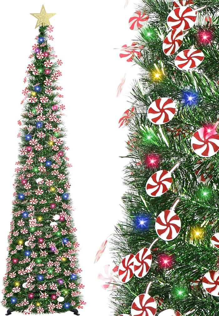 6 FT Pop Up Christmas Tree with 100 LED Timer Lights & Remote, White Collapsible Christmas Tinsel Tree Artificial Pencil Tree Xmas Decoration for Holiday Home Office Party, USB Powered