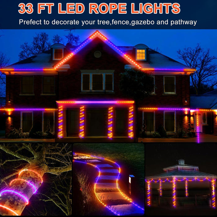 Halloween Rope Lights Outdoor, 33Ft 400 LED Orange and Purple String Lights, Waterproof Tube Lights Plug in 8 Modes Halloween Tree Garden Fence Yard Party Outdoor Decorations