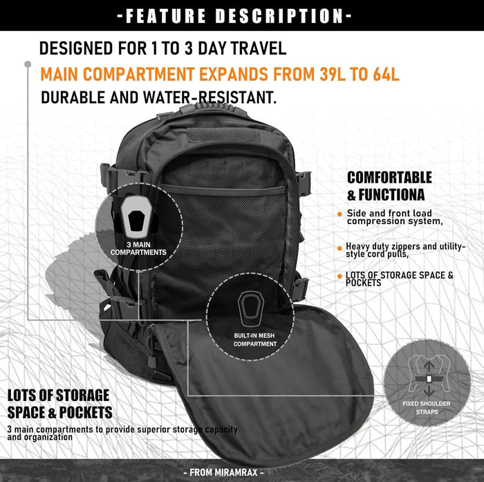 Tactical Backpack Military Hiking Daypack - Molle Backpack for Men 3 Day Assault Pack Bug Out Bag for Camping Travel Army Hunting Gym Rucksack Survival (Black)