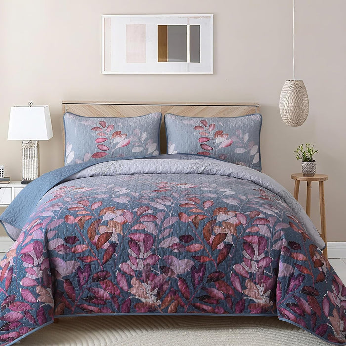 WONGS BEDDING Blue Quilt Set Queen Size,3 Pieces Navy Blue Floral Bedspread Coverlet Set,Soft Microfiber Lightweight Grayish Blue Gradient Floral Bedding Set Queen 96"x90"