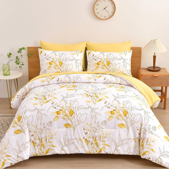 WONGS BEDDING Botanical Comforter Set Queen, 7 Pieces Green Reversible Bed in a Bag Floral Leaves Bedding Soft Microfiber Queen (1 Comforter,2 Pillowcase,2 Pillow Shams,1 Flat Sheet,1 Fitted Sheet)