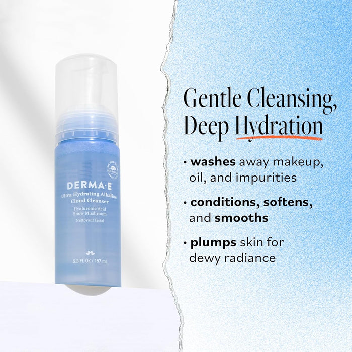 Derma E Ultra Hydrating Alkaline Cloud Cleanser – Gentle Foaming Face Wash with Hyaluronic Acid – Vegan Daily Facial Cleansing, 5.3 Oz