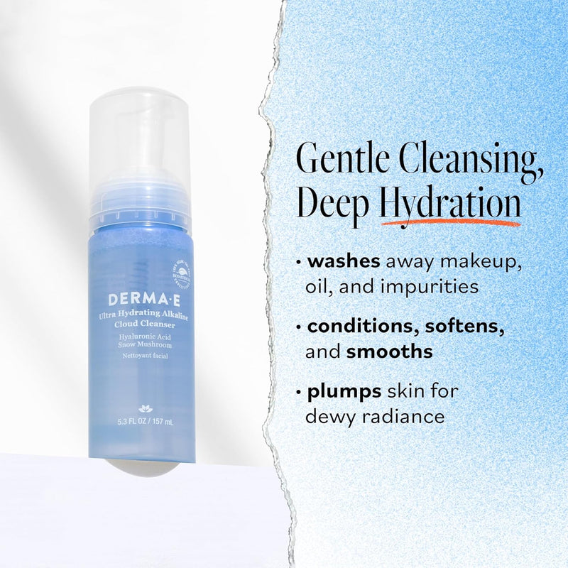 Derma E Ultra Hydrating Alkaline Cloud Cleanser – Gentle Foaming Face Wash with Hyaluronic Acid – Vegan Daily Facial Cleansing, 5.3 Oz