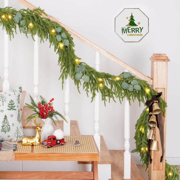 Waipfaru Christmas Norfolk Pine Garland with Lights，6FT Real Touch Pine Garland Christmas Decoration，Artificial Faux Cedar Garland for Christmas Table Fireplace Mentle Wall Home Decoration