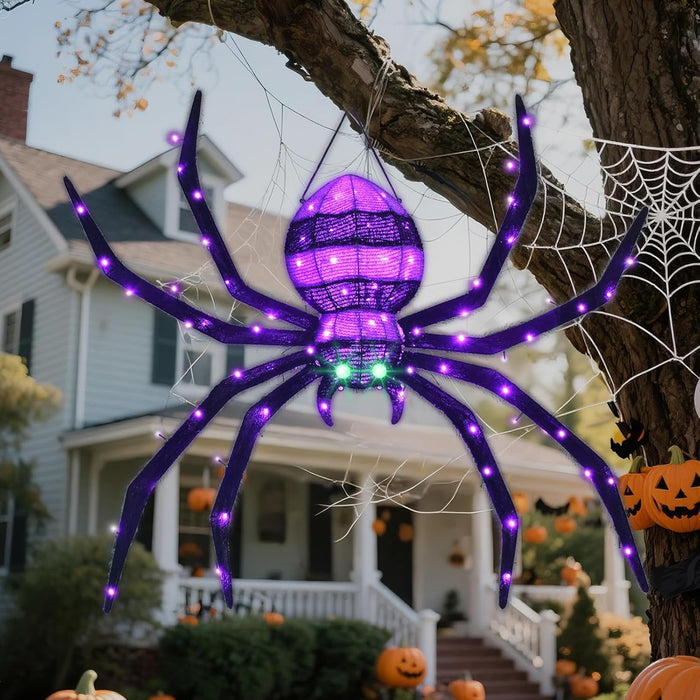 Halloween Decorations Outside Giant Spider - HOYECHI Outdoor Halloween Decor Lighted Spider 4.2FT, Light Up Spider with 90 LED Lights, Ground Stakes, for Front Yard Porch Gardens Lawns Party