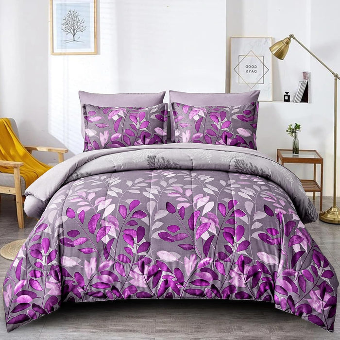 Blue Floral Comforter Set Queen Size 7 Piece Navy Botanical Gradient Leaves Ultra Soft Microfiber Down Alternative Bedding Set Lightweight Reversible Boho Bed Comforter Set for All Season 90" x 90"