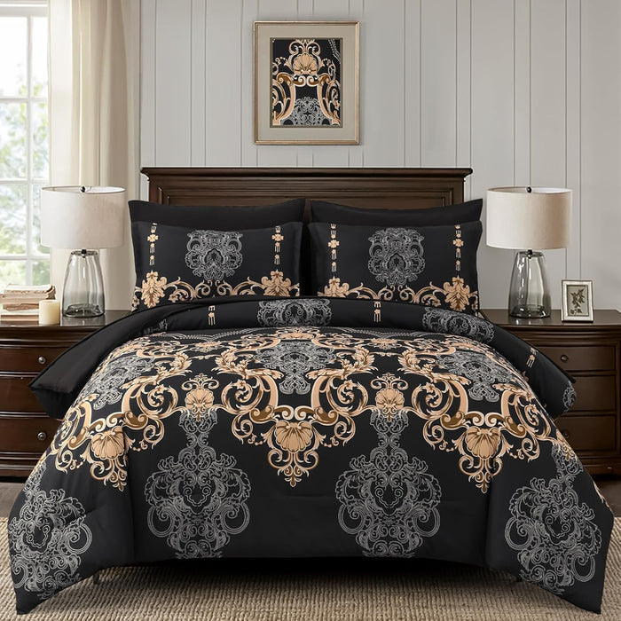 Mybedsoul King Size comforter set, 7 Pieces Boho Bed in a Bag for King Bed, Black Damask Comforter Set with Sheet, Pillowcases & Shams, Soft Microfiber Lightweight Bedding Set for All Season(90"x104")