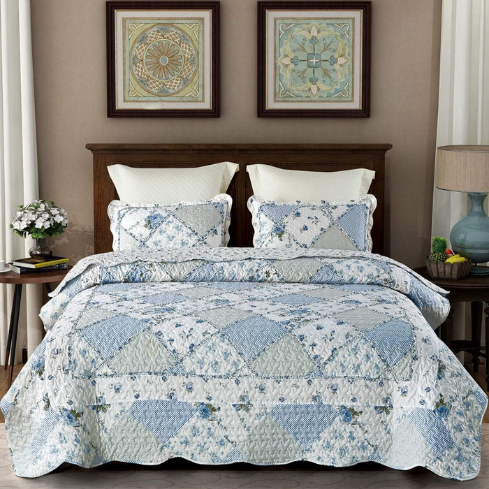 VIVILINEN Blue Floral Patchwork Quilt Set King Size Reversible Quilted Bedding Set with 2 Pillowcases