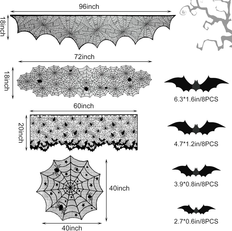 5Pack Halloween Decorations Indoor Halloween Spider Web Tablecloth Table Runners Fireplace Mantel Scarf Cobweb Lampshade Scary 3D Bats for Halloween Spooky Home Decor