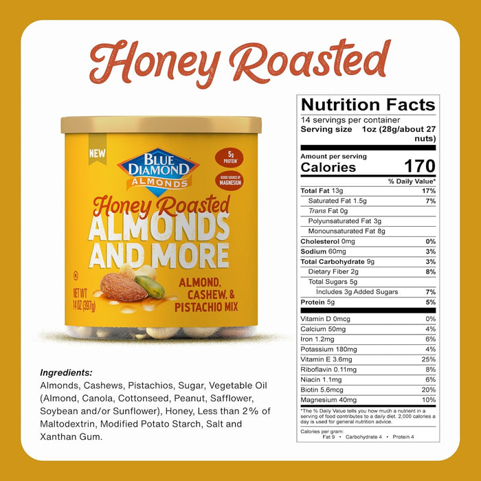 Blue Diamond Almonds, Mixed Nuts Sweet Honey Roasted Deluxe Snack Nuts, Almonds, Pistachios, and Cashews, 14oz. Can (Pack of 1)