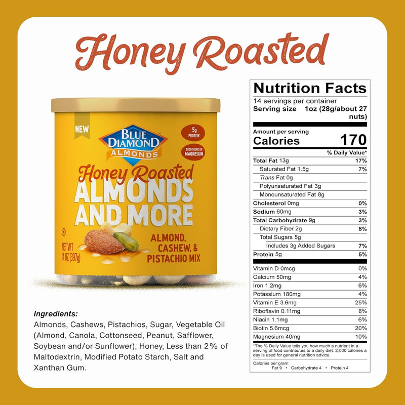 Blue Diamond Almonds, Mixed Nuts Sweet Honey Roasted Deluxe Snack Nuts, Almonds, Pistachios, and Cashews, 14oz. Can (Pack of 1)