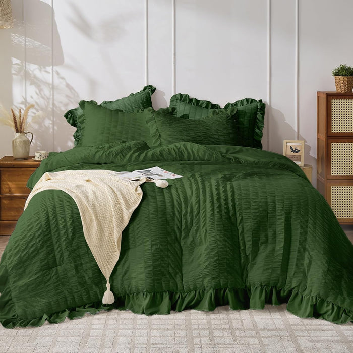 JOLLYVOGUE Dark Green Comforter Full Size, 3 Pieces Seersucker Lightweight Full Size Bedding, All Season Fluffy Microfiber Bedding Comforter Set with 1 Ruffle Comforter and 2 Ruffle Pillowshams
