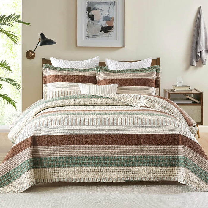 PANGUSHAN 100% Cotton Quilt Set King Size, Patchwork King Quilt Bedding Set Bedspreads, Farmhouse Lightweight Comforter Reversible Quilt, White/Brown/Grey Bed Spread for All Season, 3 Pieces