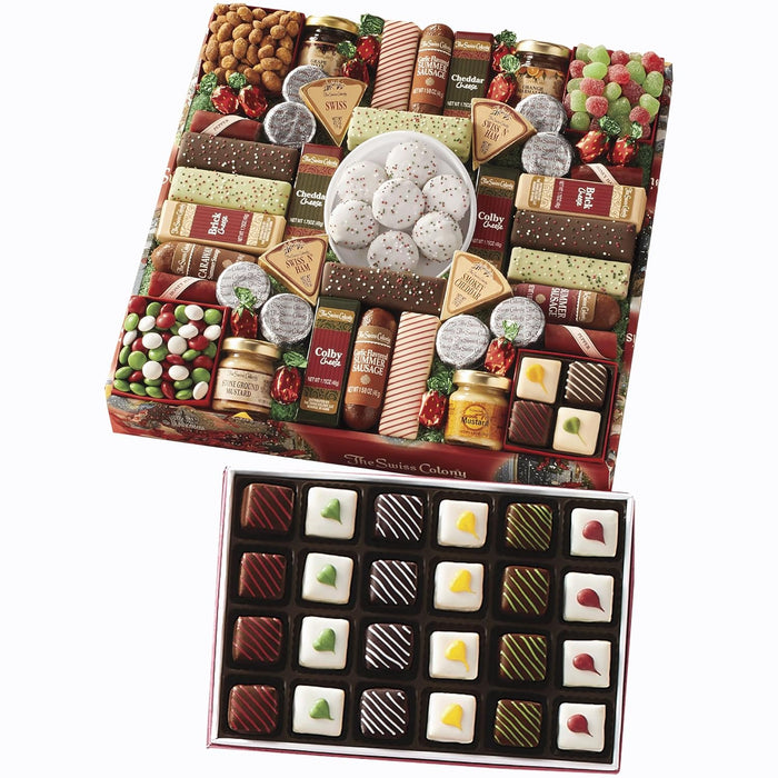 The Swiss Colony 43 Season Pleasers - Assorted Summer Sausage Meats, Mini Meat Sticks, Cheese Bricks and Wedges, Spreadables, Candies, & Chocolate Treats, Meat and Cheese Gift Set, Charcuterie Board