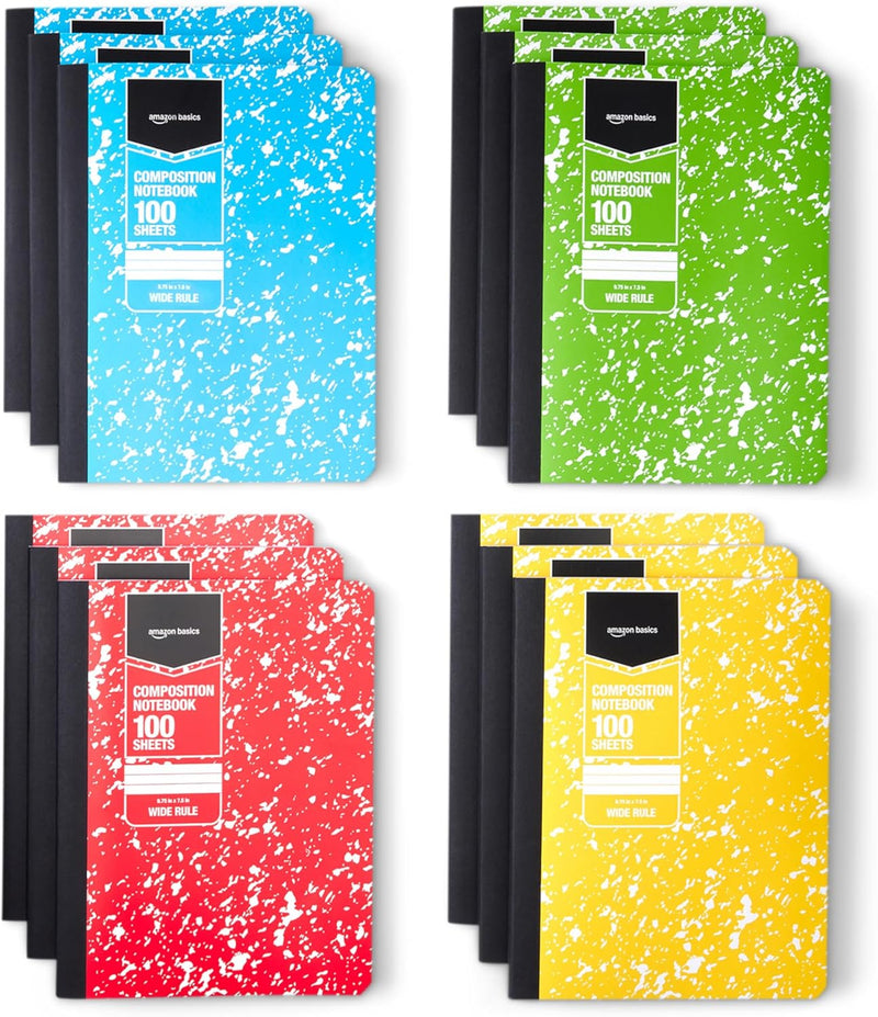 Amazon Basics Composition Notebook, Wide Ruled, 100 Sheets, 4 pack, Assorted Marble Colors