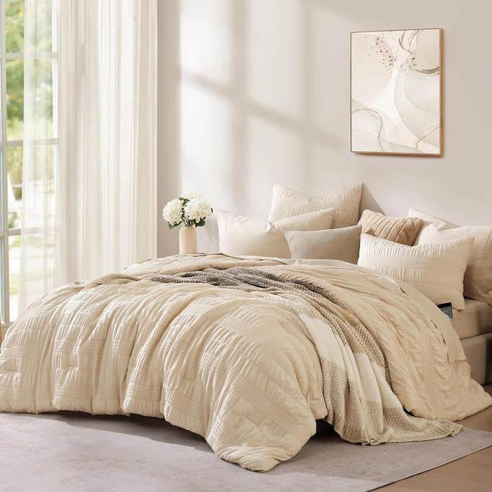 CASAAGUSTO Queen Comforter Set, 7 Pieces Beige Seersucker Bed in a Bag Queen Size Soft All Seasons, Bedding Sets with Comforter, Flat Sheet, Fitted Sheet, 2 Pillow Shams, 2 Pillowcases