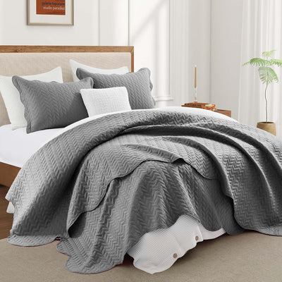 IR Imperial Rooms Queen Quilt Bedding Set Size (90" x 96") + 2 Pillow Shams (20" x 26"+ 2") - 3 Pcs All Season Lightweight Reversible Microfiber Coverlet Embossed Quilt Bedspread (Grey)