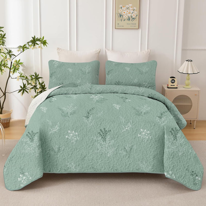 Drucon Burnt Orange Quilt Set King Size Branch Bedspread Coverlet Set, Terracotta Botanical Floral Pattern Quilted Bedding Set 3 Piece Lightweight Microfiber Bed Cover for All Season (104''x90'')