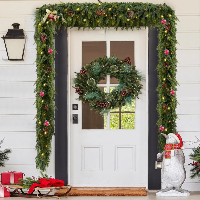 2PCS 9FT Pre-lit Christmas Cedar Garland with 100 Lights, Full 240 Pine Branches, Realistic Faux Garland Artificial Greenery for Fireplace Table Mantle Wall Indoor Outdoor Winter Holiday Decorations