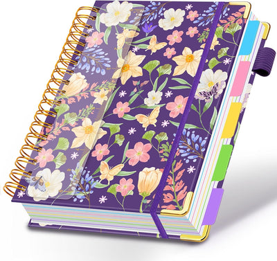 Spiral Journal Notebooks for Work, 300 Pages 5 Subject Notebook College Ruled with Dividers & Tabs, 8''x 10'' Large Notebook Journal for Women Students Note-Taking and Organizer (Purple Floral)