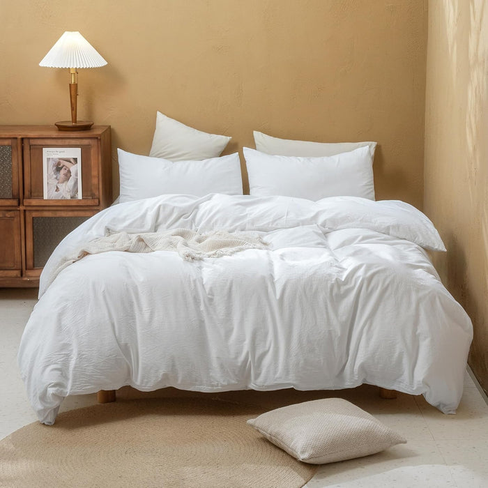 FOSSA Duvet Cover Set 100% Washed Cotton Linen Feel Super Soft Breathable Cozy 3 Pieces Bedding Sets Solid Cornflower Blue Queen