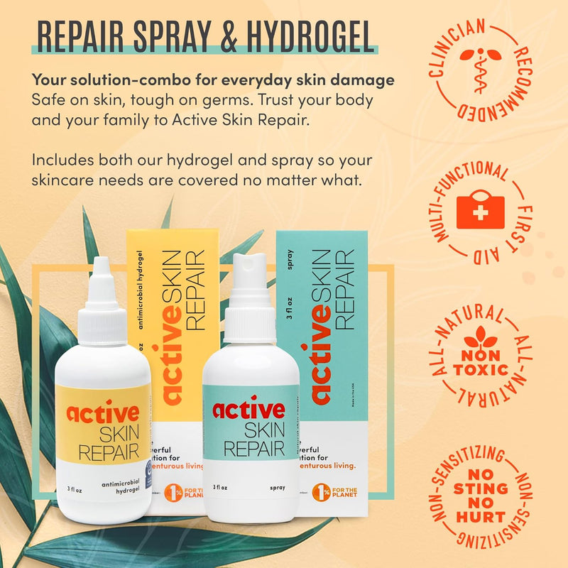 Active Skin Repair - First Aid Natural & Non-Toxic Healing Ointment & Antiseptic Spray for Minor Cuts, Wounds, Scrapes, Rashes, Sunburns, and Other Skin Irritations (Bundle, Combo, 3 oz Each)