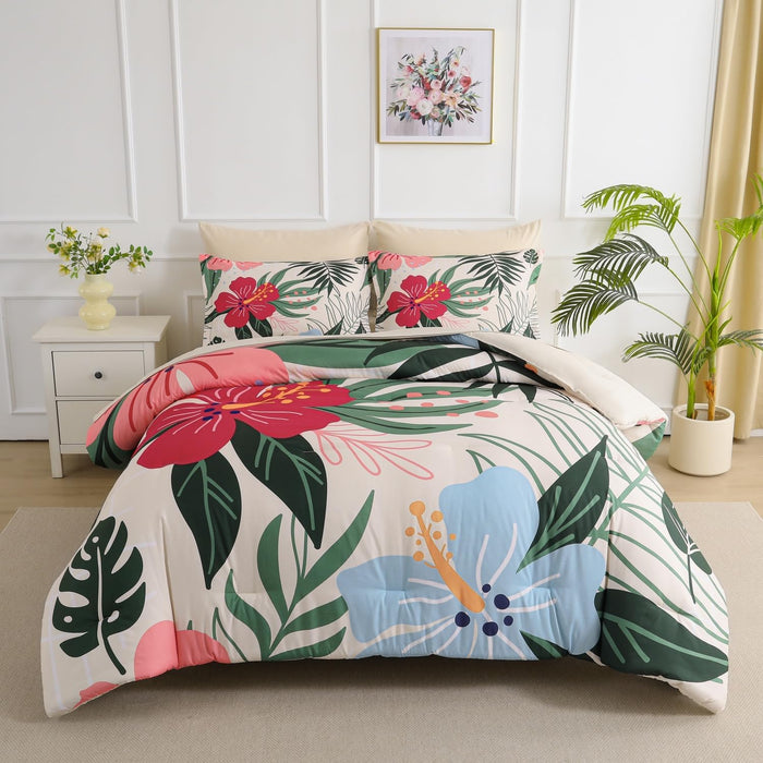 Yogeneg 7 Piece Bed in a Bag Full Size Comforter Set Botanical Floral Bedding Set,White Flower Leaves Printed on Black Reversible Design,Soft Microfiber Comforter with Sheet Set,All Season(Black,Full)