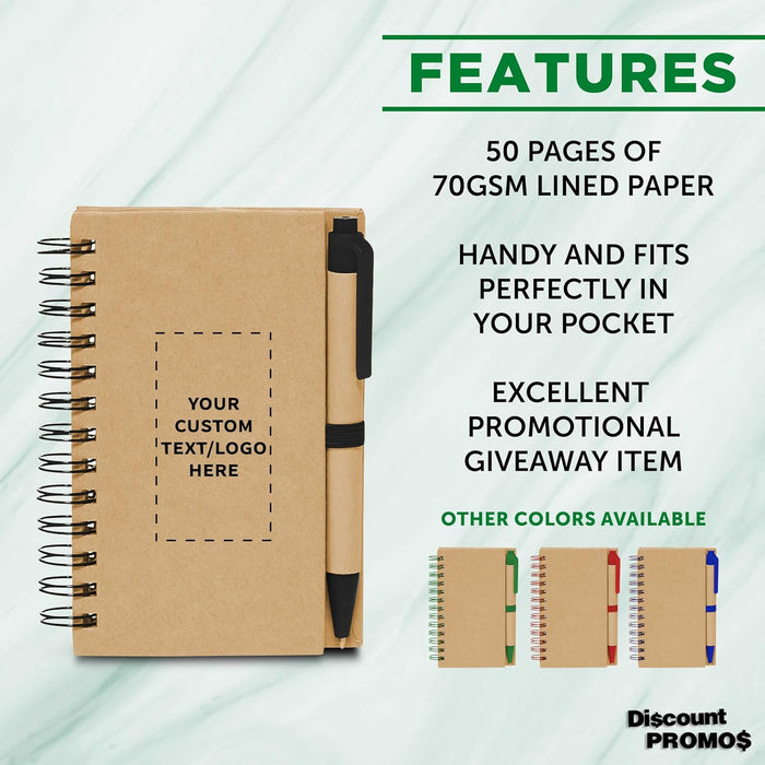 Custom Mini Spiral Notebooks with Black Ink Pens Set of 100, Personalized Bulk Pack - Perfect for School, Office, Business, Home - Black