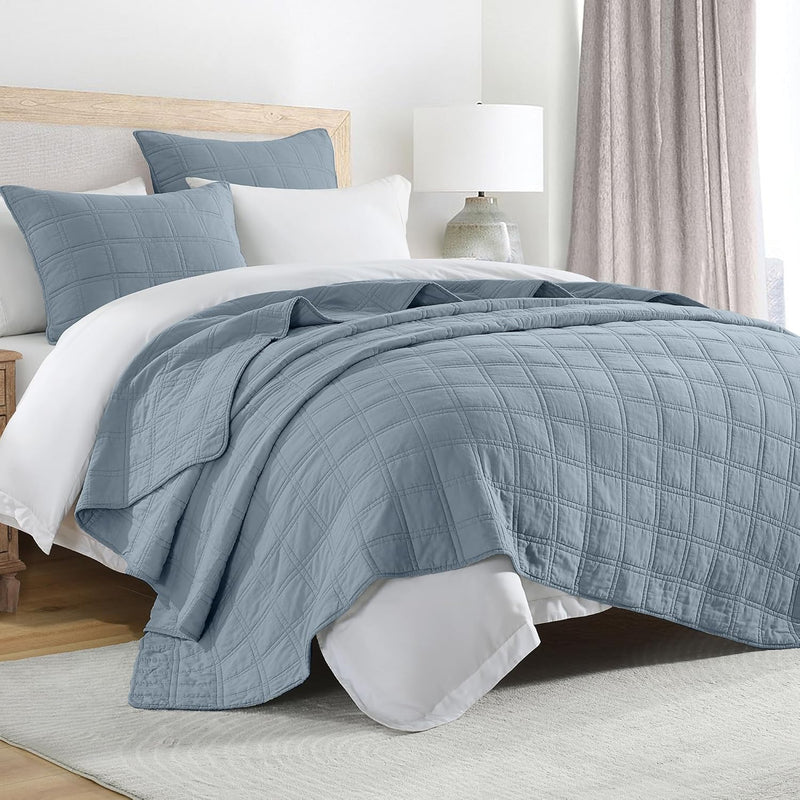 HORIMOTE HOME 100% Cotton Quilt Set Queen Size, Charcoal Pre-Washed Bedspreads Coverlet Set in Geometric Pattern, Cozy Lightweight Stitching Decorative Bedding Cover with 2 Shams for All Season