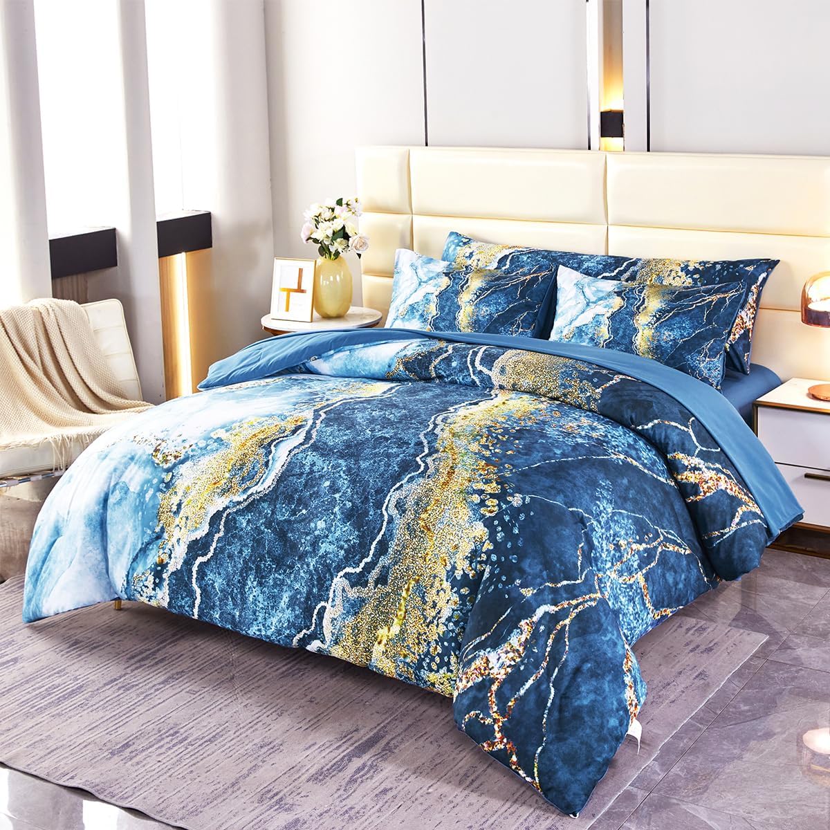 PERFEMET 6 PCS Bed in a Bag Black Watercolor Marble Printed Comforter Set for Queen Bed Burning Mountain Pattern Bedding Set with Sheets Retro Artwork Design Quilt Sets(Black, Queen)