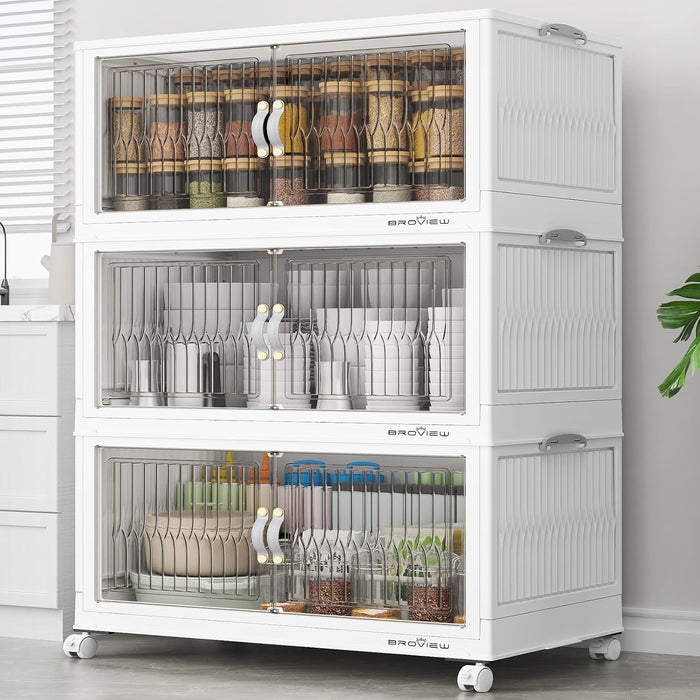 BROVIEW 300Qt Stackable Storage Bins with Lid, Extra Large Closet Organizer Collapsible Drawer Boxes with Wheels, Folding Plastic Cabinet Containers for Home Kitchen Room Organization, 5Pack White
