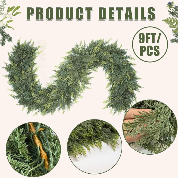 9 Ft Christmas Cedar Garland, Realistic Faux Pine Garlands, Green Artificial Greenery Garland for Winter Home, Mantle, Fireplace, Indoor, Outdoor Christmas Decorations (1Pcs)