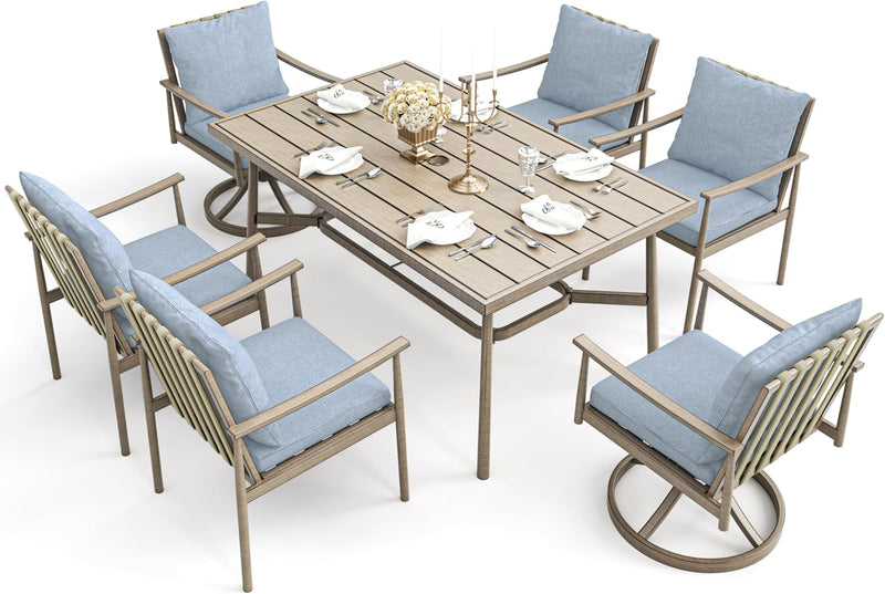 HAPPATIO 7-Piece Outdoor Dining Set for 6, Aluminum Patio Dining Set Includes 6 Swivel Dining Chairs and 1 Large Rectangular Table with Umbrella Hole, Patio Furniture Set for Lawn, Porch, Grey