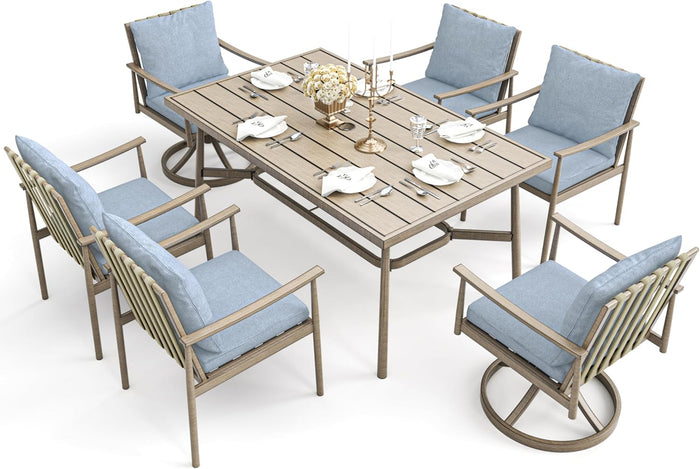 HAPPATIO 7-Piece Outdoor Dining Set for 6, Aluminum Patio Dining Set Includes 6 Swivel Dining Chairs and 1 Large Rectangular Table with Umbrella Hole, Patio Furniture Set for Lawn, Porch, Grey