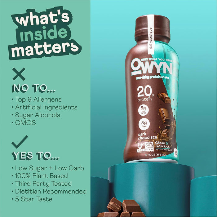 OWYN Only What You Need Dark Chocolate Flavored Protein Shake, 20g Protein, 4g Sugar, 3g Fiber, Dairy Free, Plant Based Protein Drink 12 Count