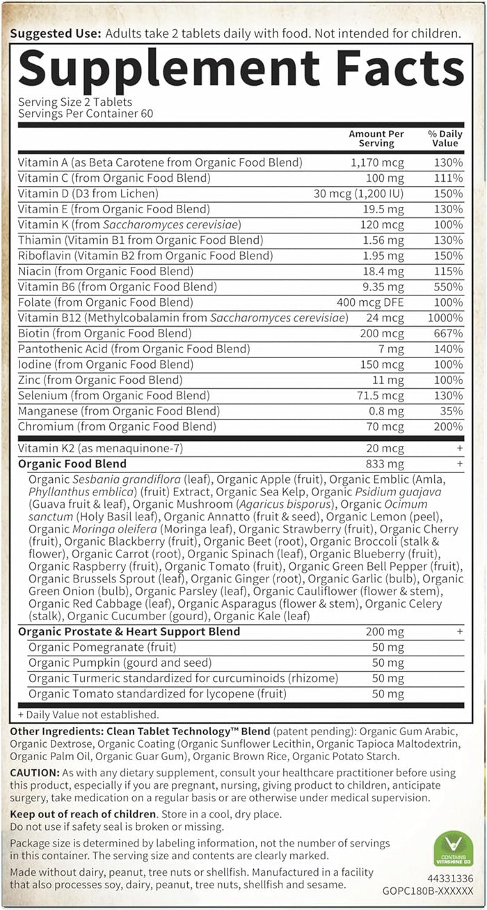 Garden of Life Organics Whole Food Multivitamin for Men 40+, Vegan Mens Multi for Health & Well-Being Certified & Minerals for Men Over 40 Mens Vitamins, 120 Tablets
