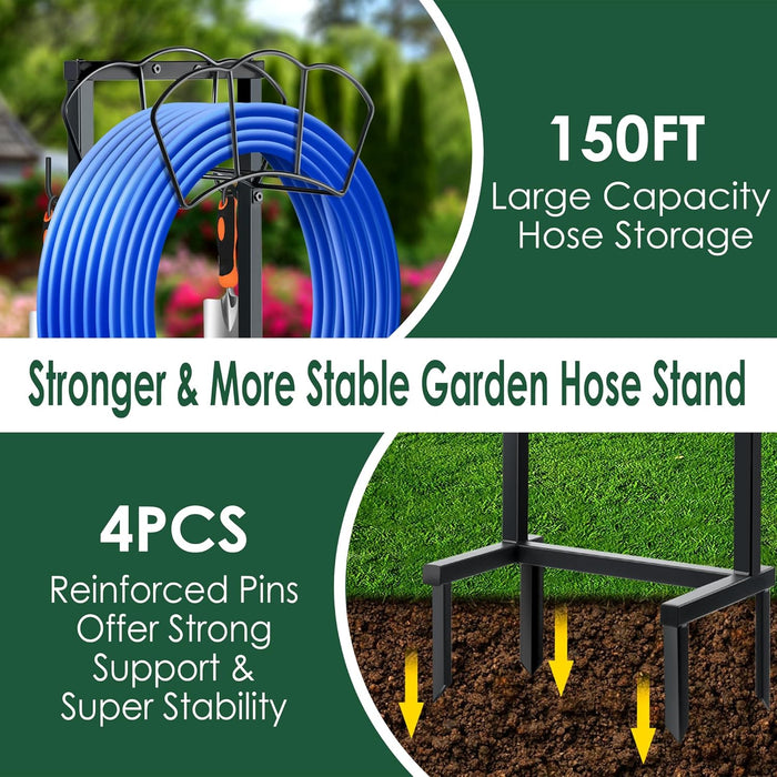 Garden Hose Holder, Heavy Duty Water Hose Holders, Sturdy Metal Hose Stand, Hose Organizer, Water Hose Hanger Rack, Hose Reel Storage Stake hold 150Ft Water Hoses, for Patio, Lawn, Garden