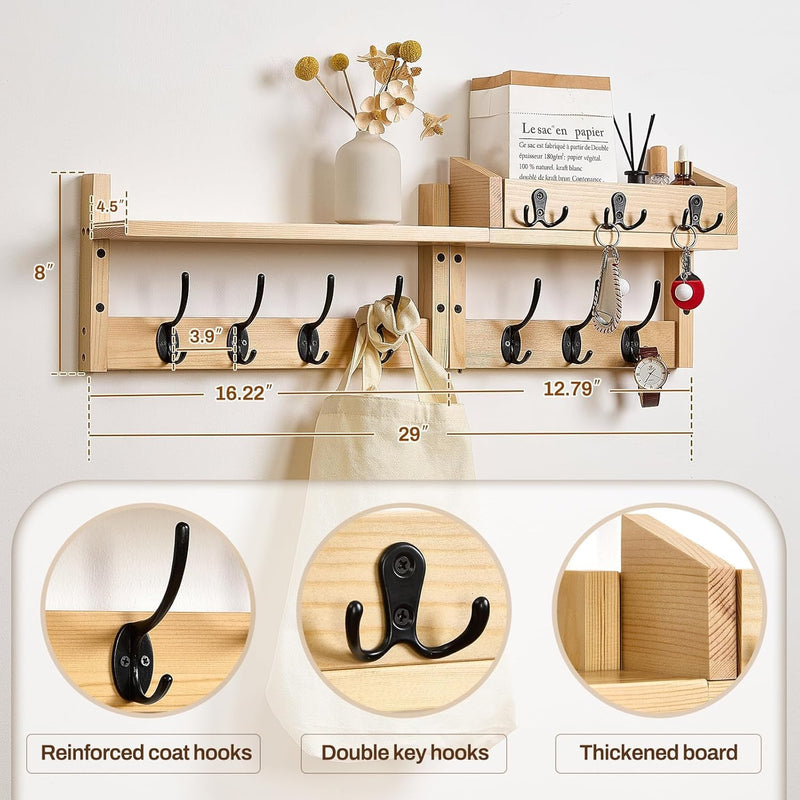 28.9" Wall Hanger Coat Rack Key Holder Wall Mount with Shelf,11Shelf with Coat Hooks Wall Mount, Coat Hangers for Bathroom, Living Room, Bedroom (Wood Color)