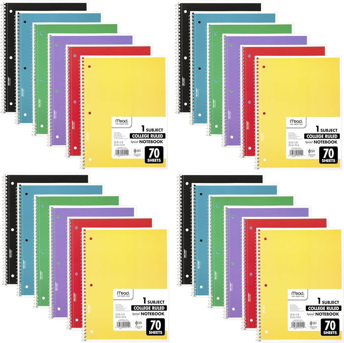 Mead Spiral Notebook, 6 Pack, 1 Subject, College Ruled Paper, 7-1/2" x 10-1/2", 70 Sheets per Notebook, Colors Will Vary (830062-ECM25)