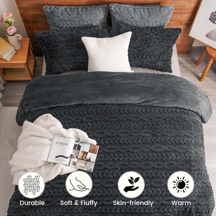 PHF Fluffy Sherpa Fleece Twin Comforter Set, 2 Pieces Warm Fuzzy Soft Bedding for Winter, 3D Tufted Flannel Plush Shaggy Bed Set, 1 Comforter (68"x90") and 1 Pillowcase (20"x26"), Dark Grey