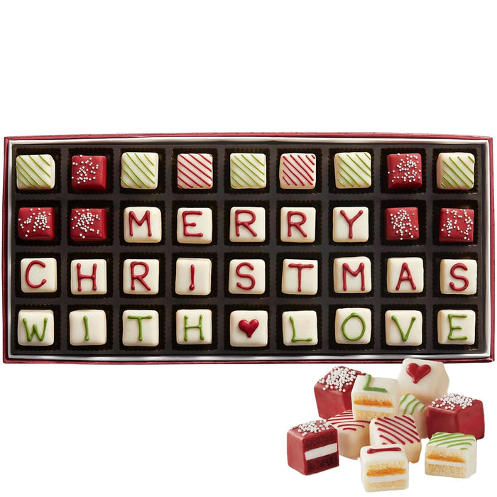 The Swiss Colony Merry Christmas Petits Fours Cakes, Gourmet Mini Layer Cakes in Red Velvet, Strawberry, Chocolate, and Vanilla, Holiday Dessert Cake Assortment