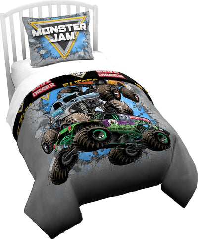 Jay Franco Duvet Cover Set – 2 Piece Comforter Cover and Sham Set, Super Soft Cozy Kids Bedding (Insert Not Included) Grey - Monster Jam, Twin
