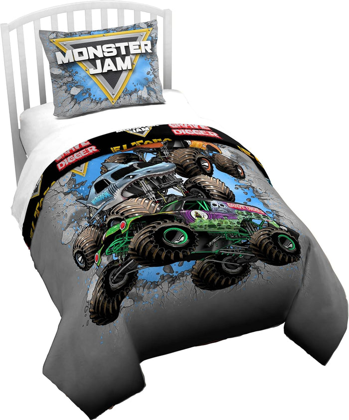 Jay Franco Duvet Cover Set – 2 Piece Comforter Cover and Sham Set, Super Soft Cozy Kids Bedding (Insert Not Included) Grey - Monster Jam, Twin