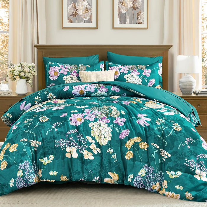 Yiran Black Red Fall Floral Comforter Set Queen Size, 7 Piece Comforter Bedding Set, Botanical Bed in a Bag, Soft Microfiber Complete Bedding Set with Sheets for All Season
